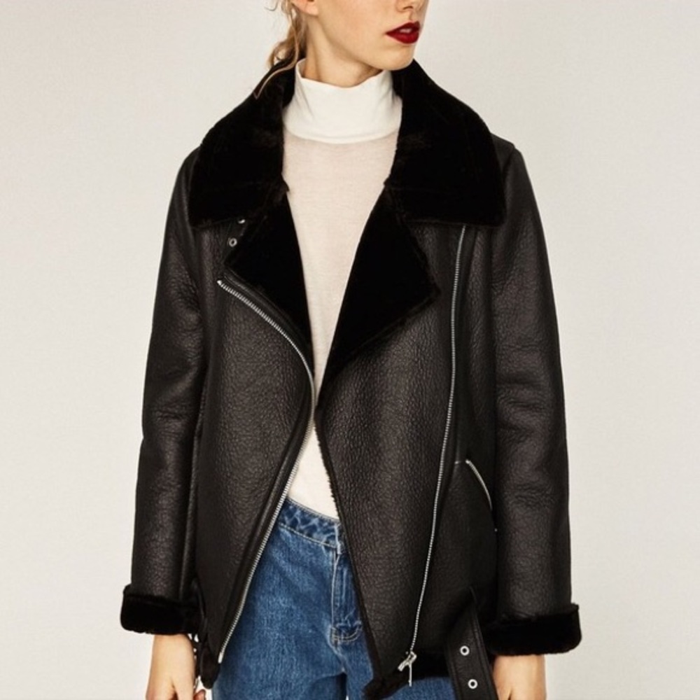 Zara Acne Velocite Aviator Moto Shearling Leather Jacket